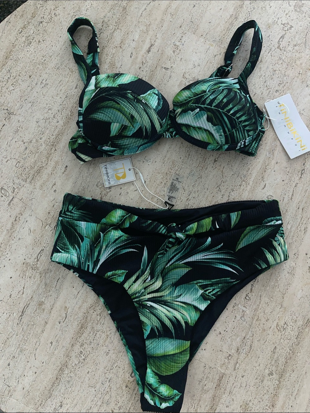 TINIBIKINI Palm Tree Bikini Set Top and Bottom BLack Green NWT Size M